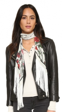 Classic Skinny Fringed Roses Silk Scarf by Rockins - Fave Clothing, Shoes & Accessories