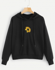 Floral Embroidery Hooded Sweatshirt - Comfy Clothes 