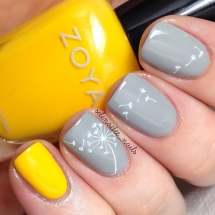Grey & yellow nails with dandelion design - Nail Art