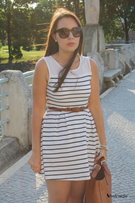 Black and White Pinstripes Contrast Chiffon Top Dress - Image 3