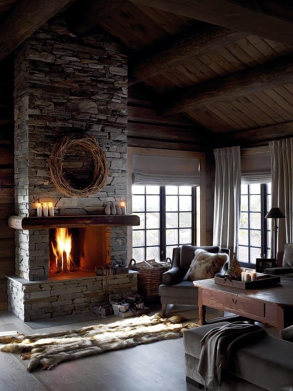 Dry stacked stone fireplace