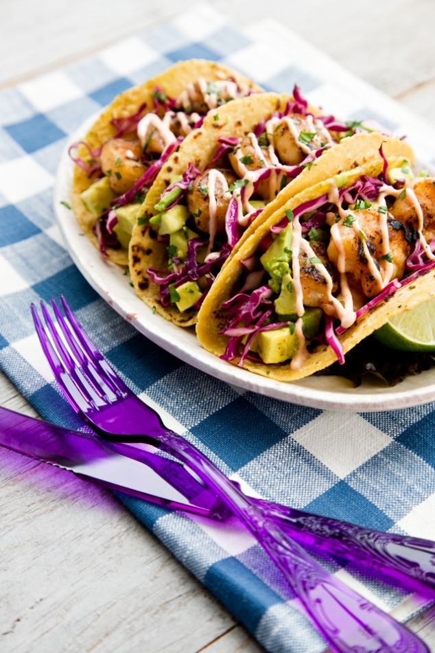 Honey Lime Tequila Shrimp Tacos with Avocado, Purple Slaw & Chipotle Crema