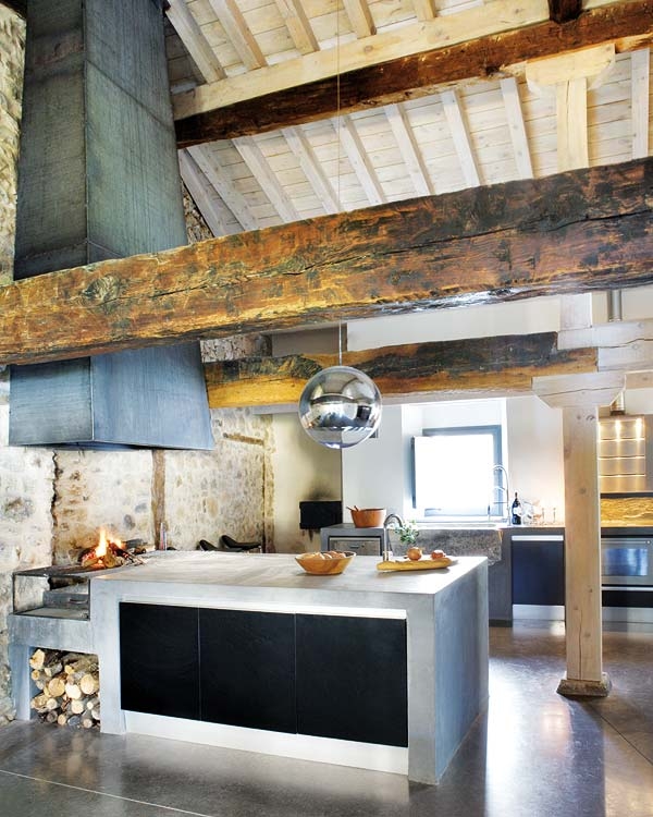 Kitchen with massive reclaimed wooden beams