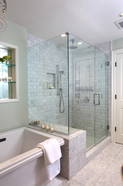 Master bathroom with Frameless Glass Shower Enclosure