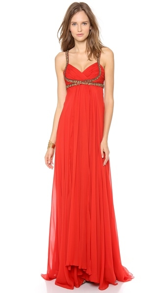 Red empire gown with embroidery 