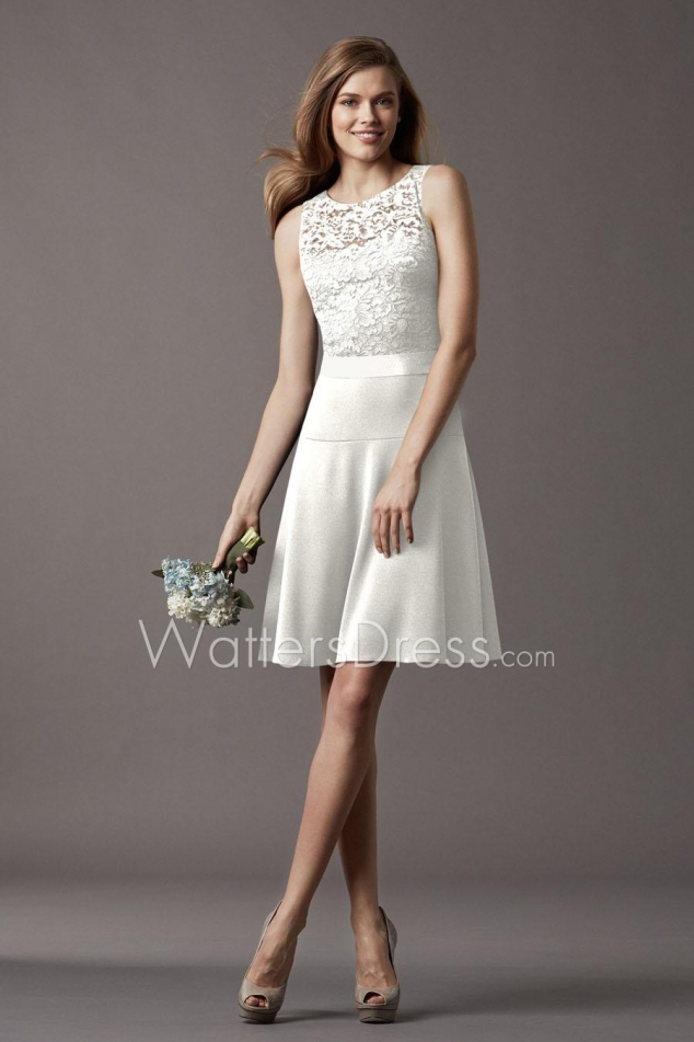 Sleeveless Lace and Satin Scalloped V-neck Knee Length Short Bridesmaid Dress