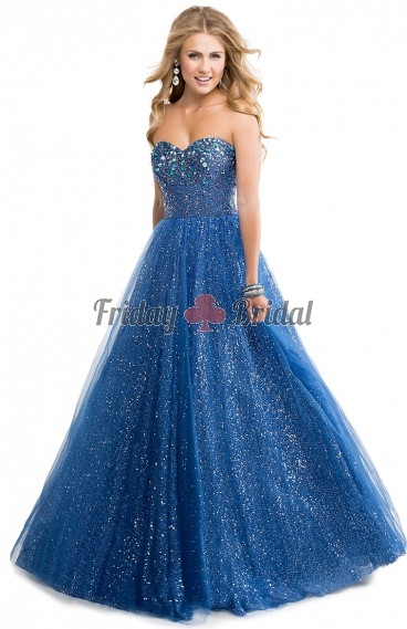 The sexy strapless sweetheart neck ocean blue A-iine tulle and sequin bridesmaid dress prom dress