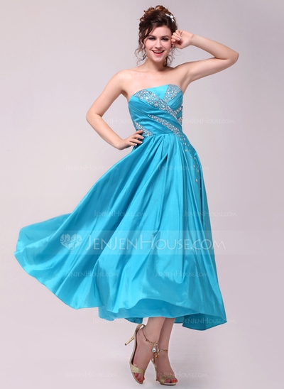 Princess Strapless Ankle Length Taffeta Prom Dress With Ruffle